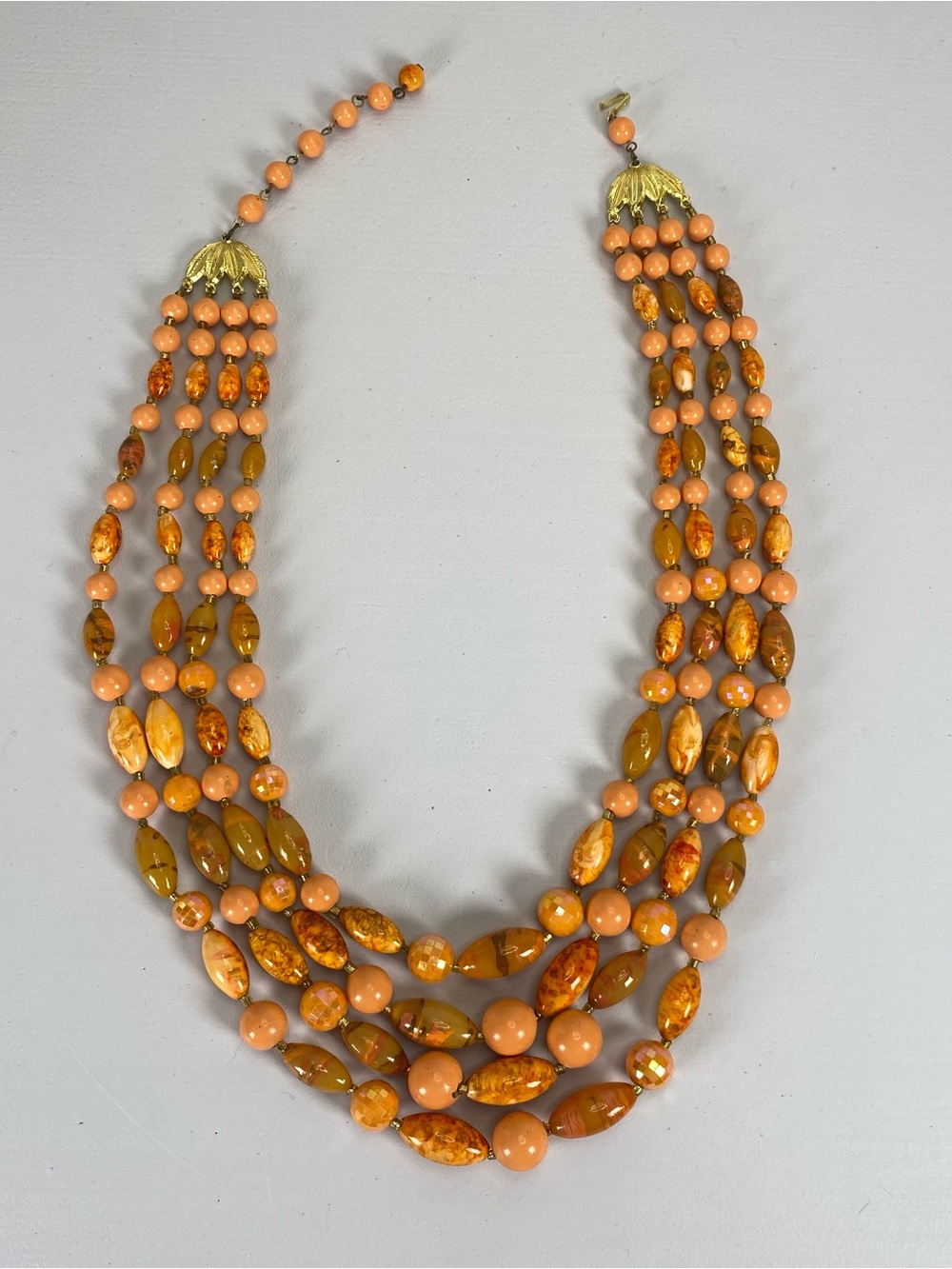 Vintage Multistrand Beaded Necklace Peach and Amber orange 70s 80s 90s Jewelry